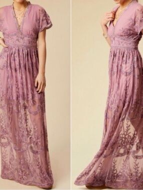 Altar’d State Mariska Lace Maxi Dress Purple Size Medium Boho Embroidered